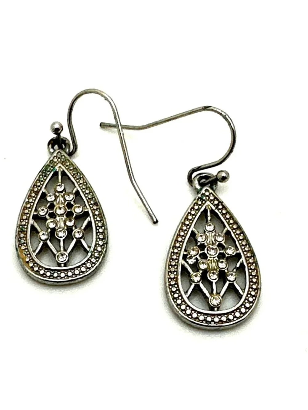 Silver Tone Filagree Teardrop Earrings Rhinestone